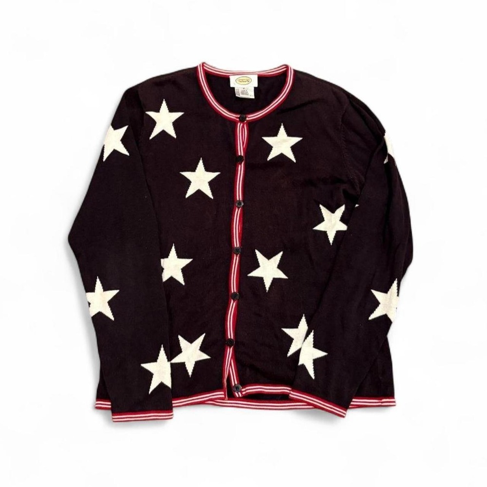 Talbots Star Print Button Front Cardigan Sweater Navy Red White Womens Medium